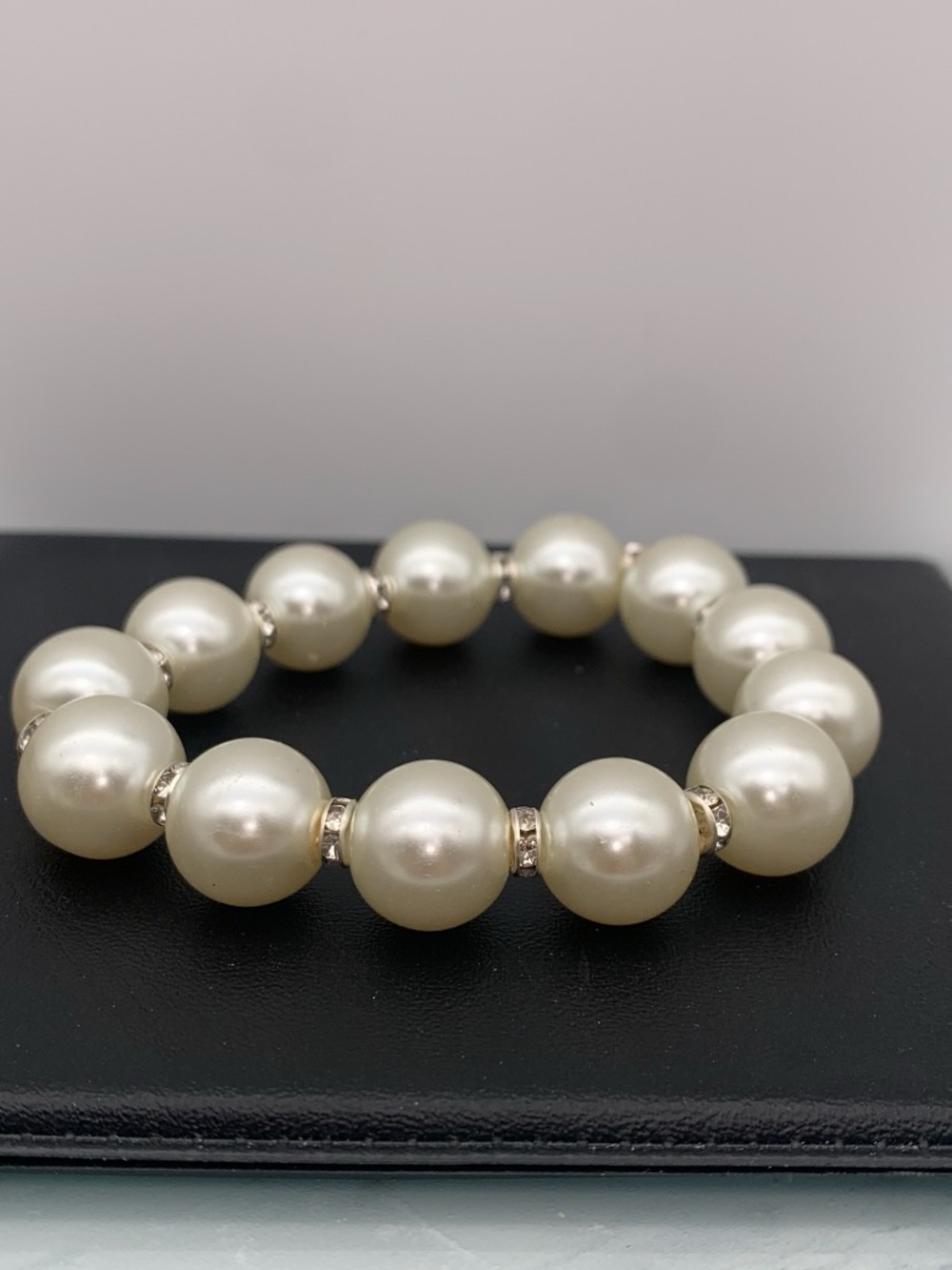 Classic glass faux Pearl Stretch Bracelet / Bangle with Rhinestone Accents